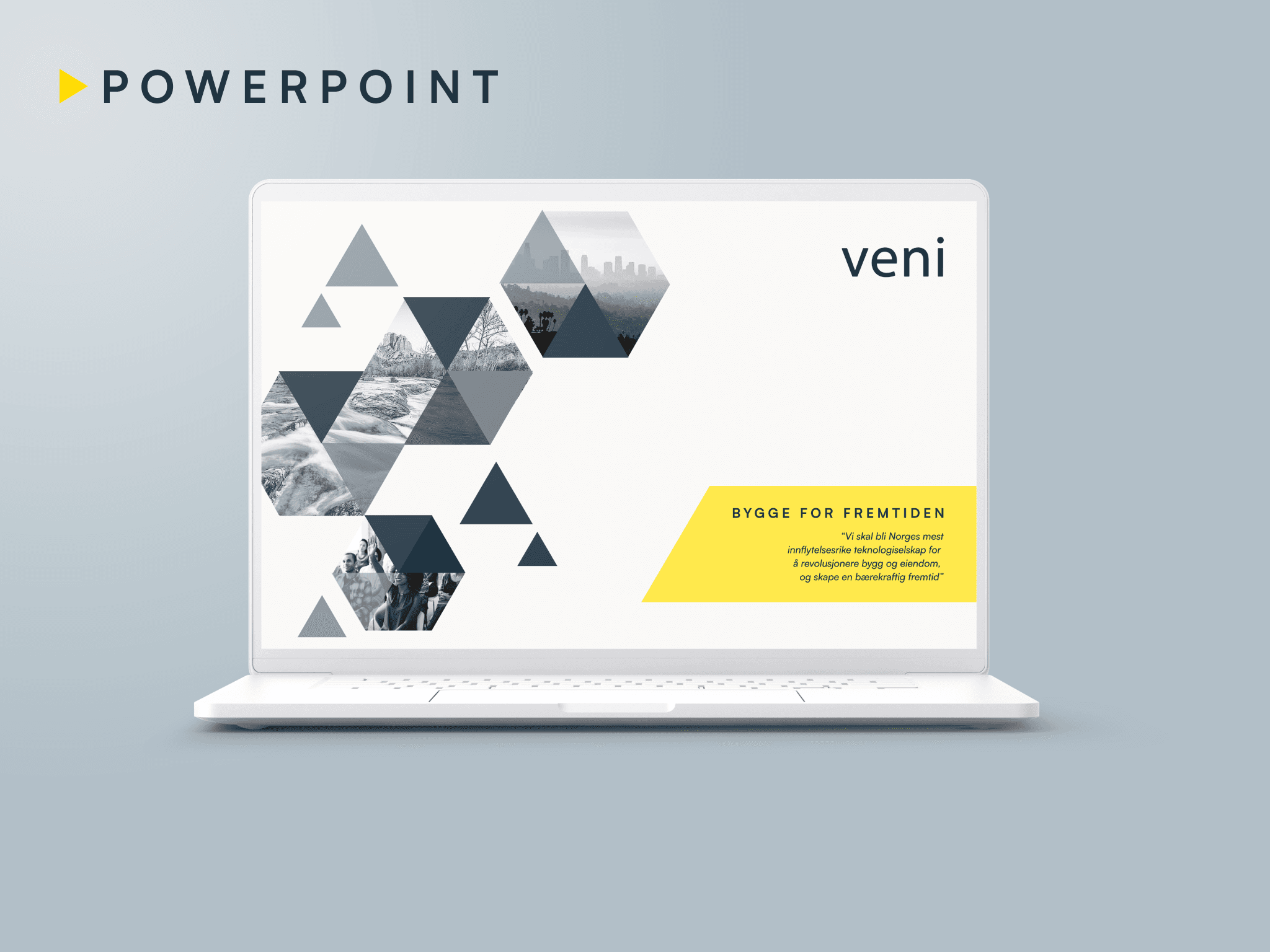 Veni PowerPoint-mal — presentasjonsdesign med "Bygge for fremtiden"-tema