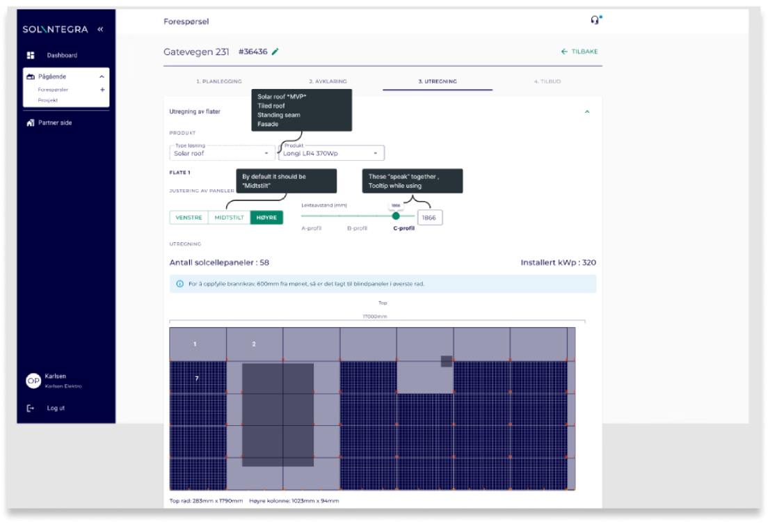 Beregningsverktøy: konfigurasjon og automatisk effektberegning for solcelleinstallasjon