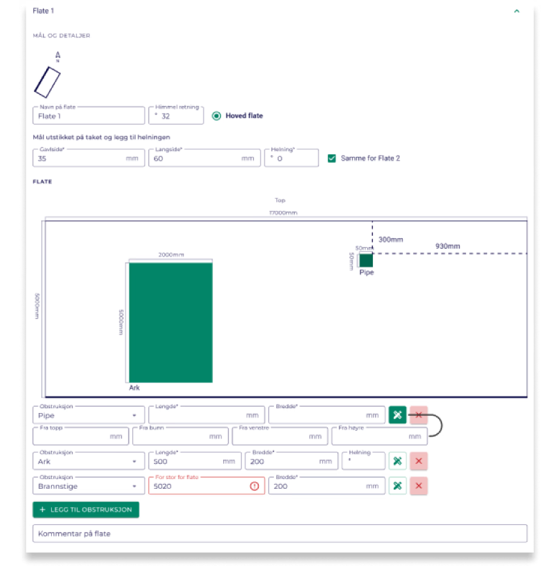 Takplanlegger: obstruksjoner som piper og overlys markert på takflate