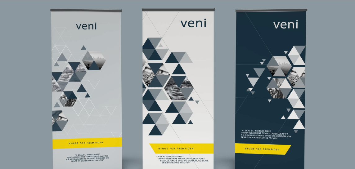 Veni rollups og stands: ny identitet i fysisk markedsmateriell