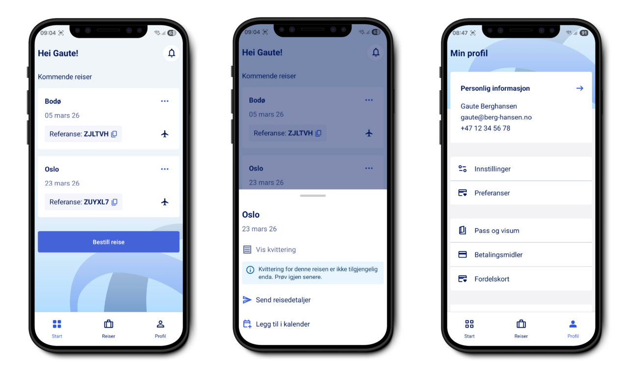 Berg-Hansen reiseapp — oversikt over kommende reiser, bookingdetaljer og brukerprofil