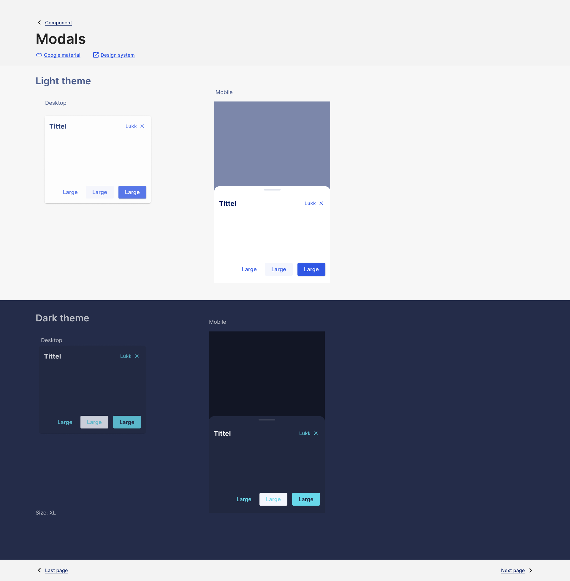 Berg-Hansen design system — dialog-komponent i lys og mørk variant