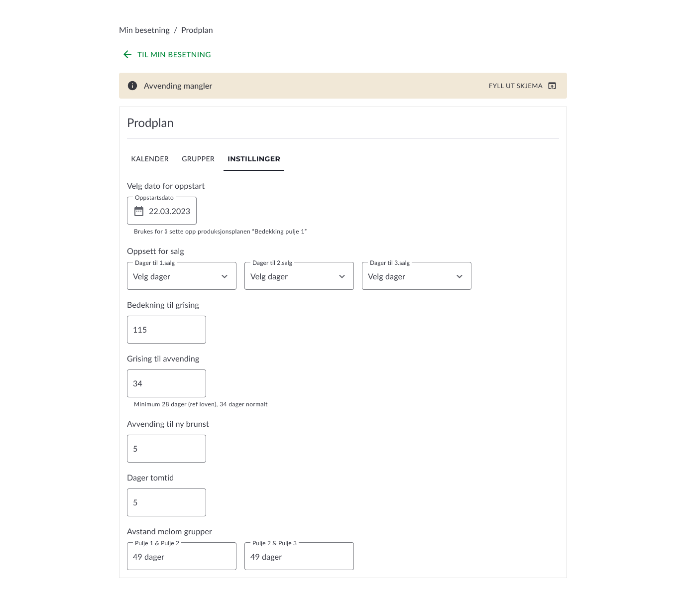 Fatland Prodplan — innstillinger for produksjonsplan med datoer og parametere per pulje