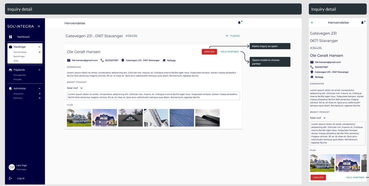 Solintegra forespørsel-detaljside: sammenligning av gammel og ny design
