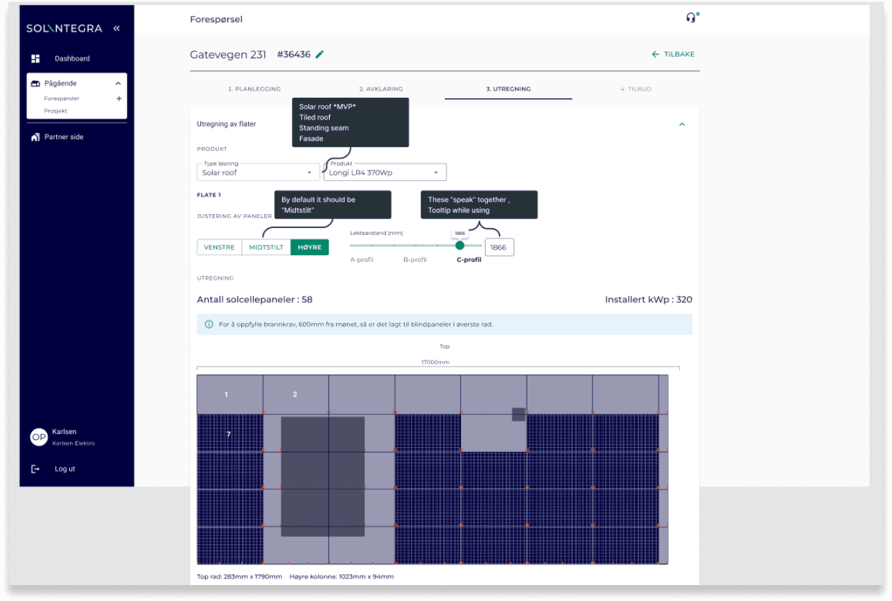 Solintegra prosjektverktøy — konfigurering av solcellepaneler med beregninger